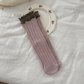 Chic lotus pink ribbed cotton socks featuring contrast dark green ruffled edge cuffs - Pink
