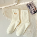 Thick plush winter socks in creamy white featuring a cute fox embroidery and ribbed cuff - Fox