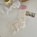 Calze dolci in cotone crema con motivi a cuore rosa e fiocchi per donne e ragazze - Taglia unica / Rosa a Costine (Motivo a Cuore e Fiocco)