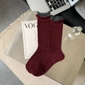 Retro burgundy crew socks with grey ruffled trim and ribbed knit texture for women - Ancora Red Ruffle Edge