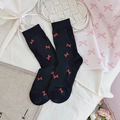 Sweet black mid-calf cotton socks with red bow embroidery and soft ruffled edges - Jacquard Bow - Black