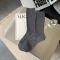 Grey crew socks with red polka dots and bow embroidery on a stylish desk background - Gray Polka Dots
