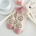 Beige Baumwollsöckchen mit rosa Rand und niedlichem Bären-Blumenmuster-Motiv - Einheitsgröße (35-41) / Kranz Bär Stil