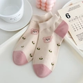 Women's low-cut combed cotton socks in beige and pink featuring cute cartoon bear pattern - One Size Fits All (35-41) / Beige Bear Style