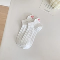White low-cut cotton socks with elegant vertical stripes and pink bow embroidery - White