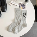 Calze grigie a costine a metà polpaccio con fiocchi di raso nero e scarpe Mary Jane - Taglia unica / Grigio Doppio Fiocco (Un Paio)