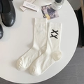 Calze bianche in cotone con righe verticali e fiocchi di nastro nero decorativi - Taglia unica / Bianco Sporco Doppio Fiocco (Un Paio)