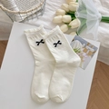 Chic cream white crew socks with delicate black bow embroidery and ruffled cuffs - Small Bow Style