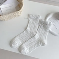 White Lolita mesh socks featuring elegant ruffled cuffs and delicate ribbon bows - Ruffle Bow Crew Socks / White (Rhombic Pattern)