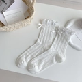 White mesh ruffle socks for women featuring sweet satin bows and breathable knit pattern - Hollow Breathable Sweet Style Socks / White (Striped Dotted)