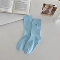 Light blue rib-knit mid-calf socks with delicate turquoise bow embroidery for women - Blue
