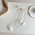 White sheer mesh socks with polka dots, ruffled cuffs and delicate ribbon bow detail - One Size / Polka Dot Style (White)