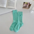 Mint green ribbed mid-calf socks with delicate blue bow embroidery in a ballet style - Mint Green
