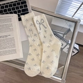 Creamy white crew socks with blue jacquard bows and a sparkling diamond accent - One Size / Beige (1 Pair)