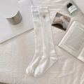 White cotton mid-calf socks with ribbed knit and bee embroidery detail - One Size / Calf Socks - White Bee