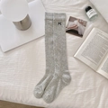 Light grey ribbed knee-high socks with delicate black embroidered bows for women - Grey Bow (Thigh High)