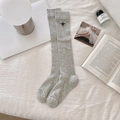 Light grey ribbed knee-high socks featuring a dark blue insect embroidery detail - Grey Bee (Thigh High)