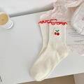 White cotton socks with red ruffle trim and sweet cherry embroidery for women - Red Cherry Style