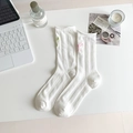 White ribbed mid-calf socks with pink and green bow embroidery detail for women - One Size / White