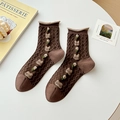 Braune Retro-Socken mit Bären-Stickerei und Wellenstrick-Textur für Damen - Vertikaler Streifen Blume