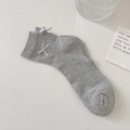 Japanese style grey cotton crew socks featuring elegant white double silk bows - Gray