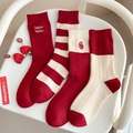 Thick cashmere blend crew socks set with red stripes and embroidery for women - Red Series 4-Pair Set / 4 Pairs Set
