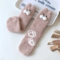 Calcetines gruesos de forro polar coral rosa con orejas 3D y huellas de patas blancas - Talla única / Rosa