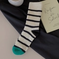 Retro black and white striped cotton crew socks with vibrant green toe accent - One Size / White