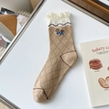 Khaki cotton crew socks with diamond knit pattern, floral embroidery and ruffled cuffs - One Size / Argyle - Khaki