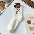 Off-white cotton mid-calf socks with yellow flower embroidery and rolled cuffs - One Size / Large Flower - Off-white