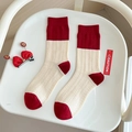 Calze spesse in misto cashmere a righe bianche e rosse con calda trama a costine - Stile a Blocchi di Colore Rosso e Bianco