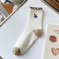 Off-white cotton crew socks with brown ruffle cuffs and small floral embroidery - One Size / Ruffled Flower - Milk White