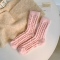 Pink cable knit winter thermal socks in warm plush fabric with a cozy mid-calf design - One Size / Peach