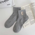 Grey cotton mid-calf sock featuring gold C letter embroidery and ribbed cuff detail - Grey Embroidery C