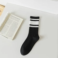 Japanese black cotton crew socks with white stripes and vertical ribbed texture - One Size / Black Medium Stripes