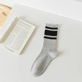 Gray striped crew socks for women featuring a retro ribbed design in soft cotton fabric - One Size / Grey Medium Stripes