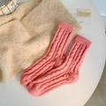 Pink chunky knit thermal winter crew socks with fuzzy cable pattern for warm comfort - One Size / Pink