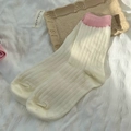 Milk white cotton crew socks with pink ribbed cuffs and vertical striped texture - One Size / Pink Cuff (Cream Body)