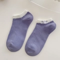 Light purple cotton ankle socks with white ribbed cuffs and Smile heart embroidery - Purple