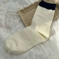 Minimalist ribbed mid-calf socks in off-white with navy blue cuffs and cotton texture - One Size / Black Cuff (Navy Block)
