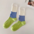 Mid-calf cotton socks in white blue and green color block with side fringe detail - Blue and Green Patchwork