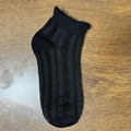 Women's black knit ankle socks featuring vintage ruffled cuffs and vertical ribbed texture - Black Small Flower Vertical Pattern