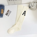 Cream white calf high cotton sports socks with black letter A jacquard knit pattern - One Size / White (Letter A)