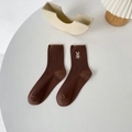 Cute dark brown rib-knit socks with white rabbit embroidery and ruffled trim - Brown