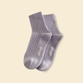 Lavender crew socks with vertical ribbed texture and white hello text on beige background - One Size / Creamy Purple