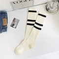 Beige cotton athletic knee high socks with black striped cuffs in ribbed knit style - One Size / White (Black Striped)