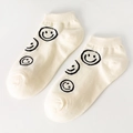 Beige cotton low-cut ankle socks featuring three black smiling face graphics - TC White With Multiple Smiles