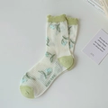 White mesh tulip crew socks with green trim and blue floral pattern details - Green Floral Color Block (1 Pair)