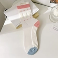 Sheer white mesh socks with 3D floral accents, pink ribbed cuffs, and blue toe caps - Floral Print Cuff Style