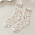 Breathable mesh crew socks for women featuring pink tulip patterns and ruffled cuffs - Small Pink Flower (1 Pair)